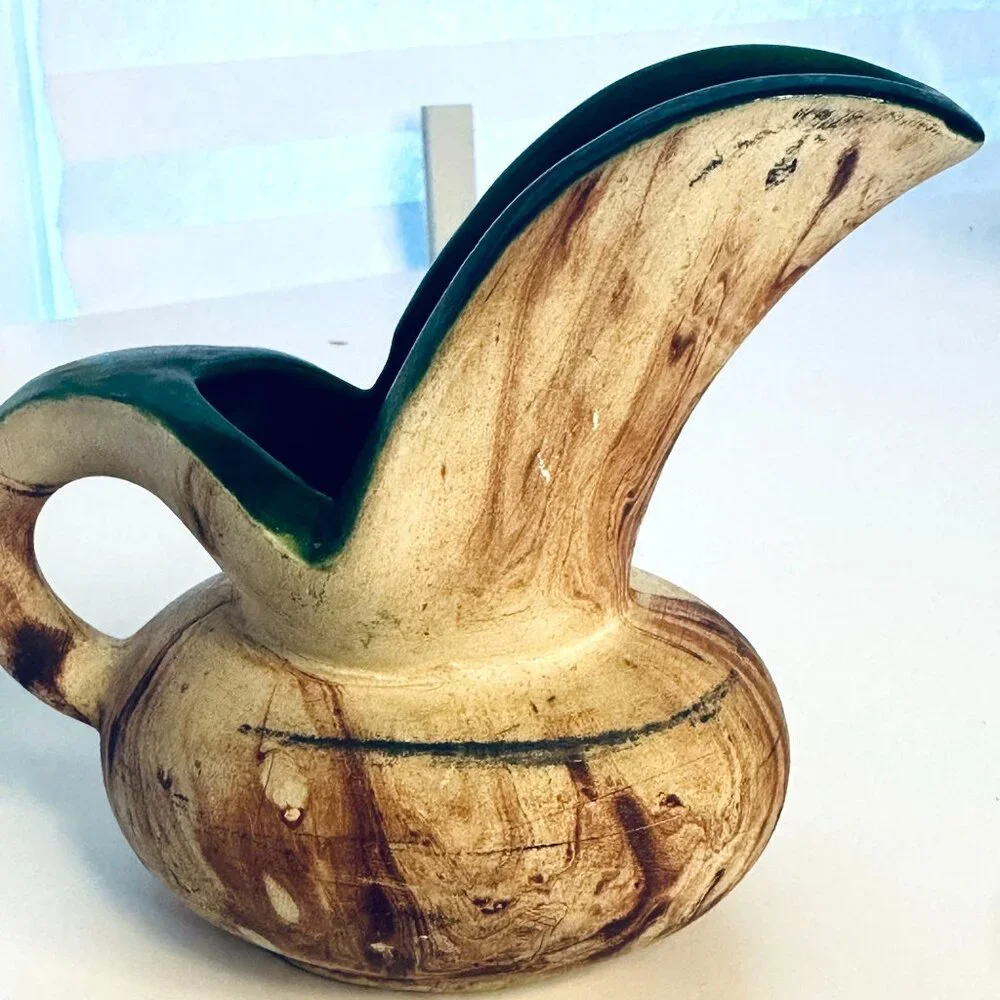 Vintage Rocky Mountain ROMCO Art Pottery Brown Swirl Pitcher Vase Green Interior